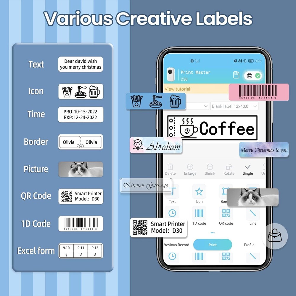 Label Maker Thermal Phomemo D30 Bluetooth Wireless Mini Portable Label Printer