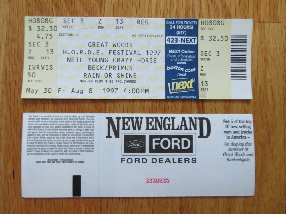 UNUSED NEIL YOUNG CRAZY HORSE / BECK / PRIMUS August 8, 1997 Concert Tour Ticket