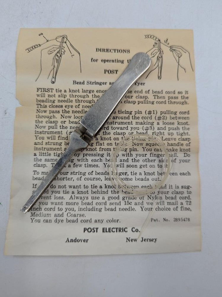 Post Electric Co. Bead Stringer and Knot Tyer with instructions