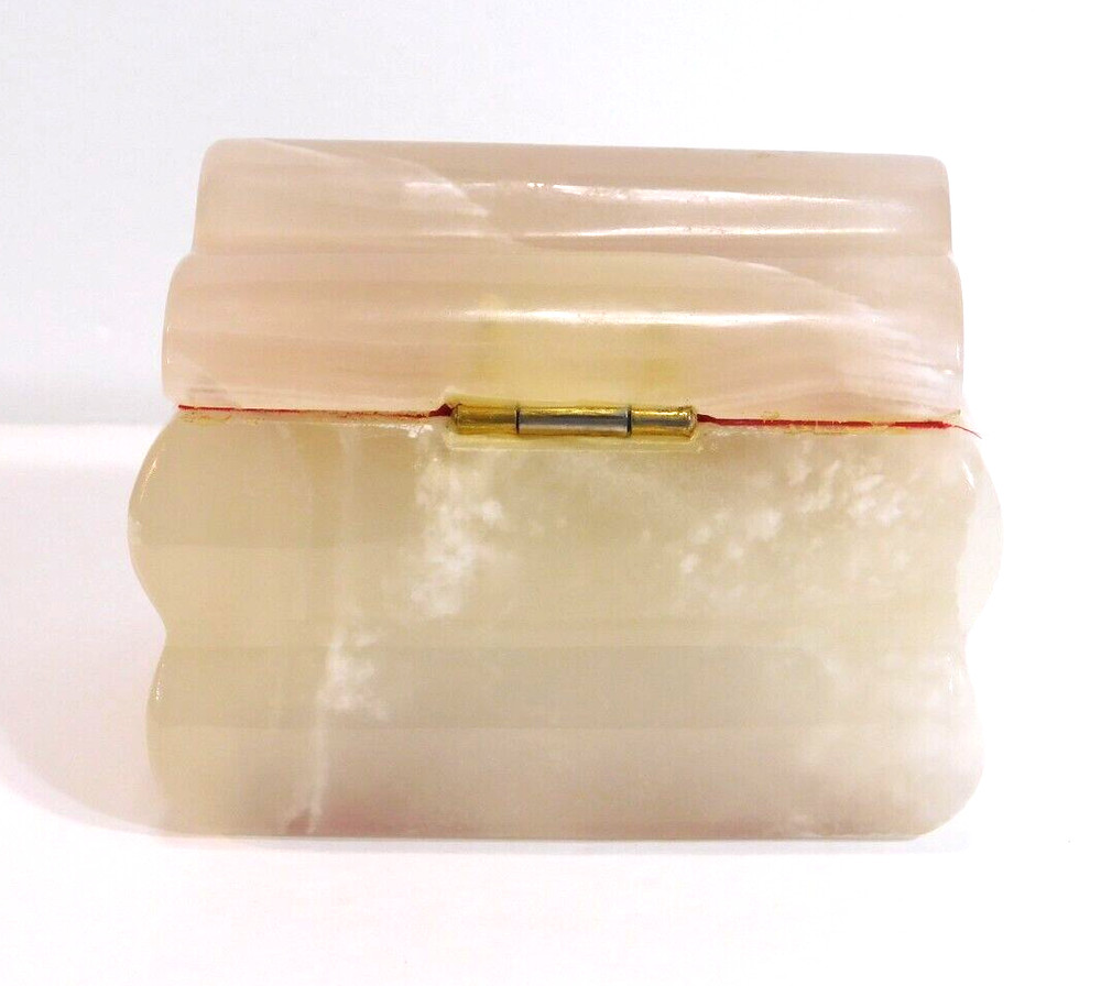 Alabaster Carved Rectangular Box Natural Stone 4" by 3" Hinged Velvet Lined