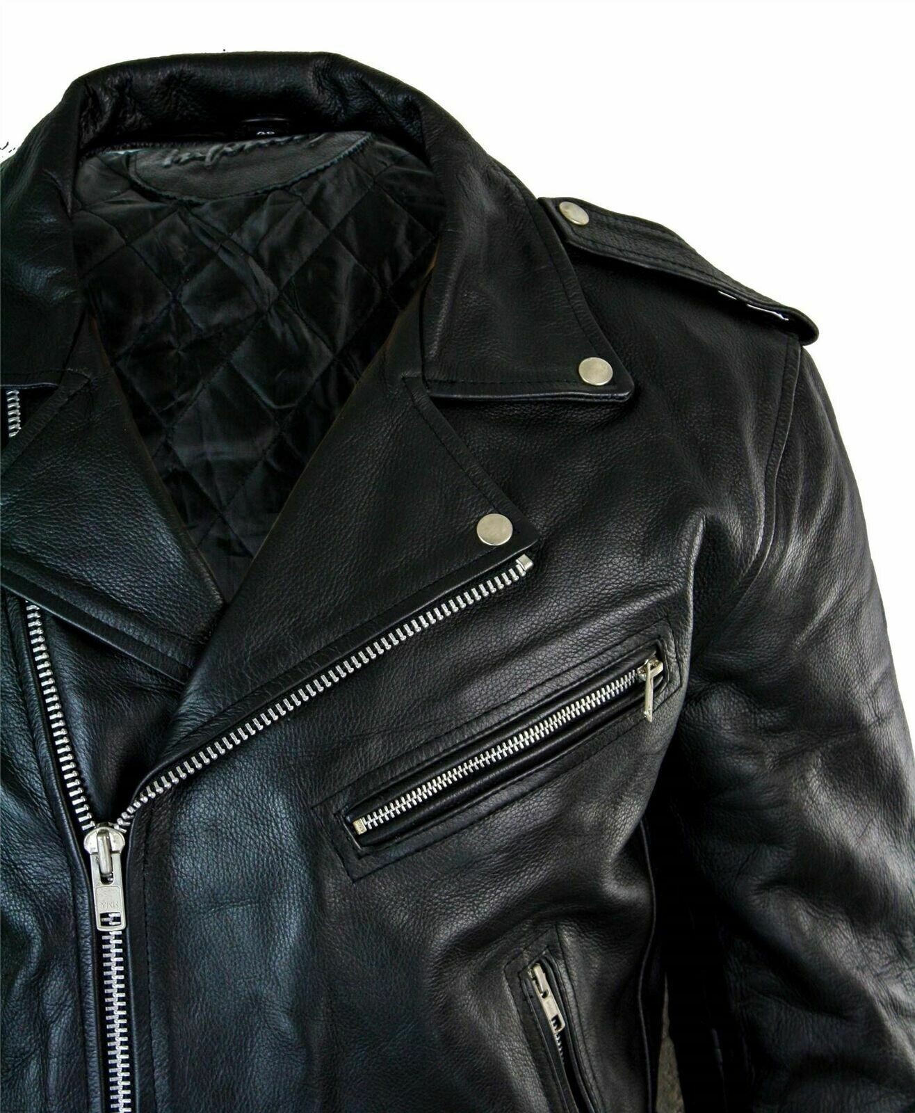 Men's Motorcycle Leather jacket Genuine Buffalo Skin Brando Style Black Biker