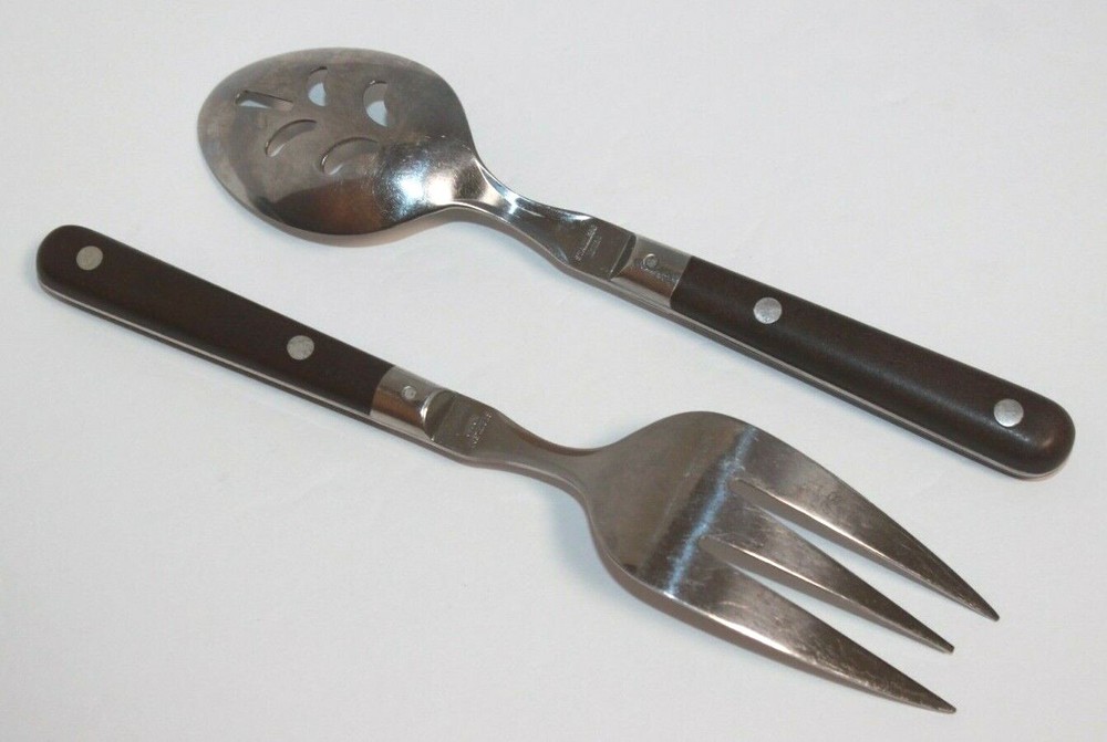 Vintage Brown Handle Serving Fork & Slotted Spoon
