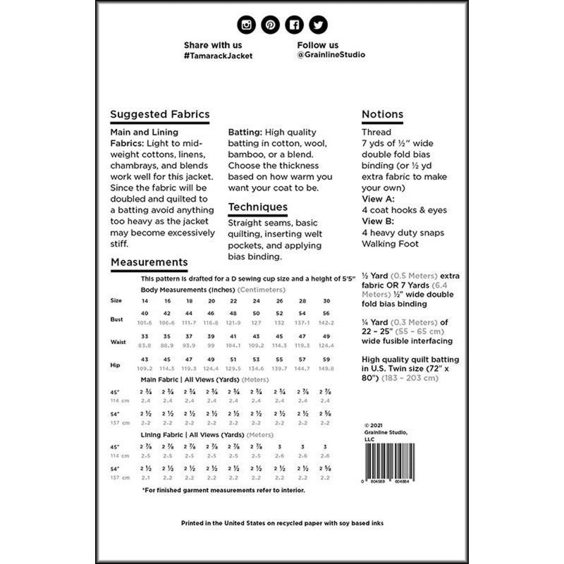 GRAINLINE STUDIO "TAMARACK JACKET" Size 14-32 Printed Sewing Pattern