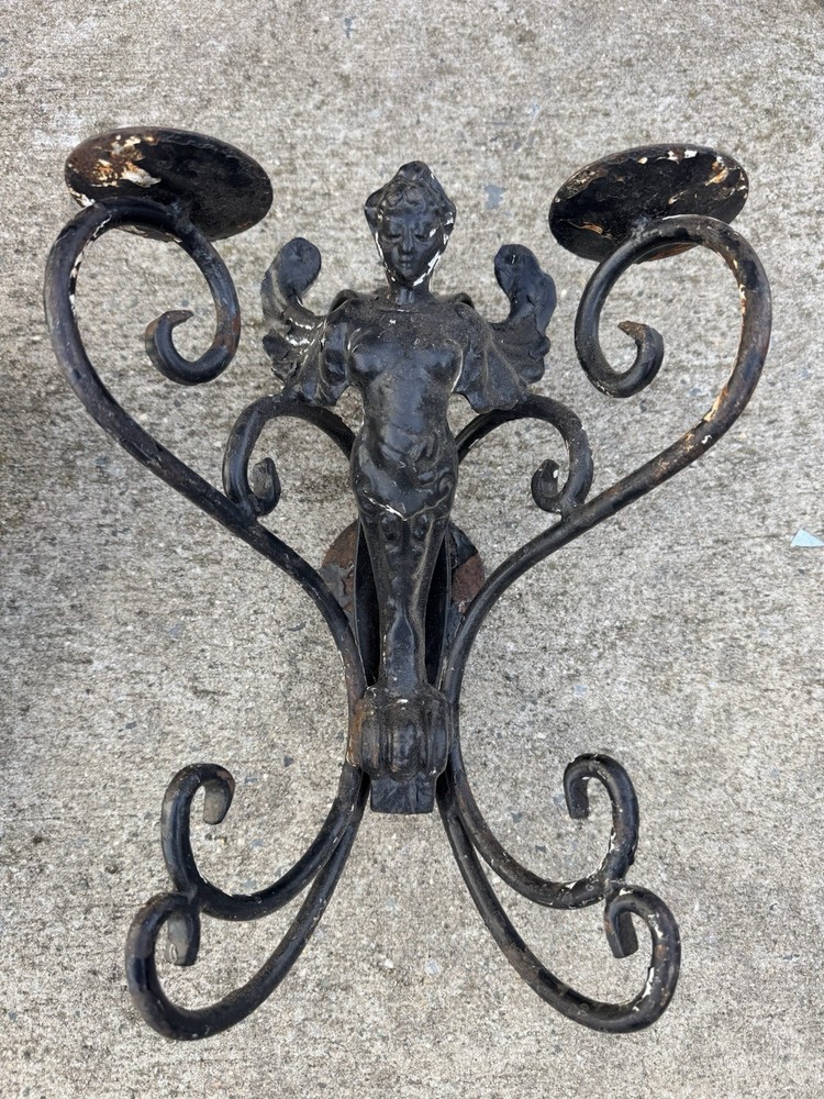 WINGED MERMAID IRON WALL SCONCE CANDELABRUM - PAIR