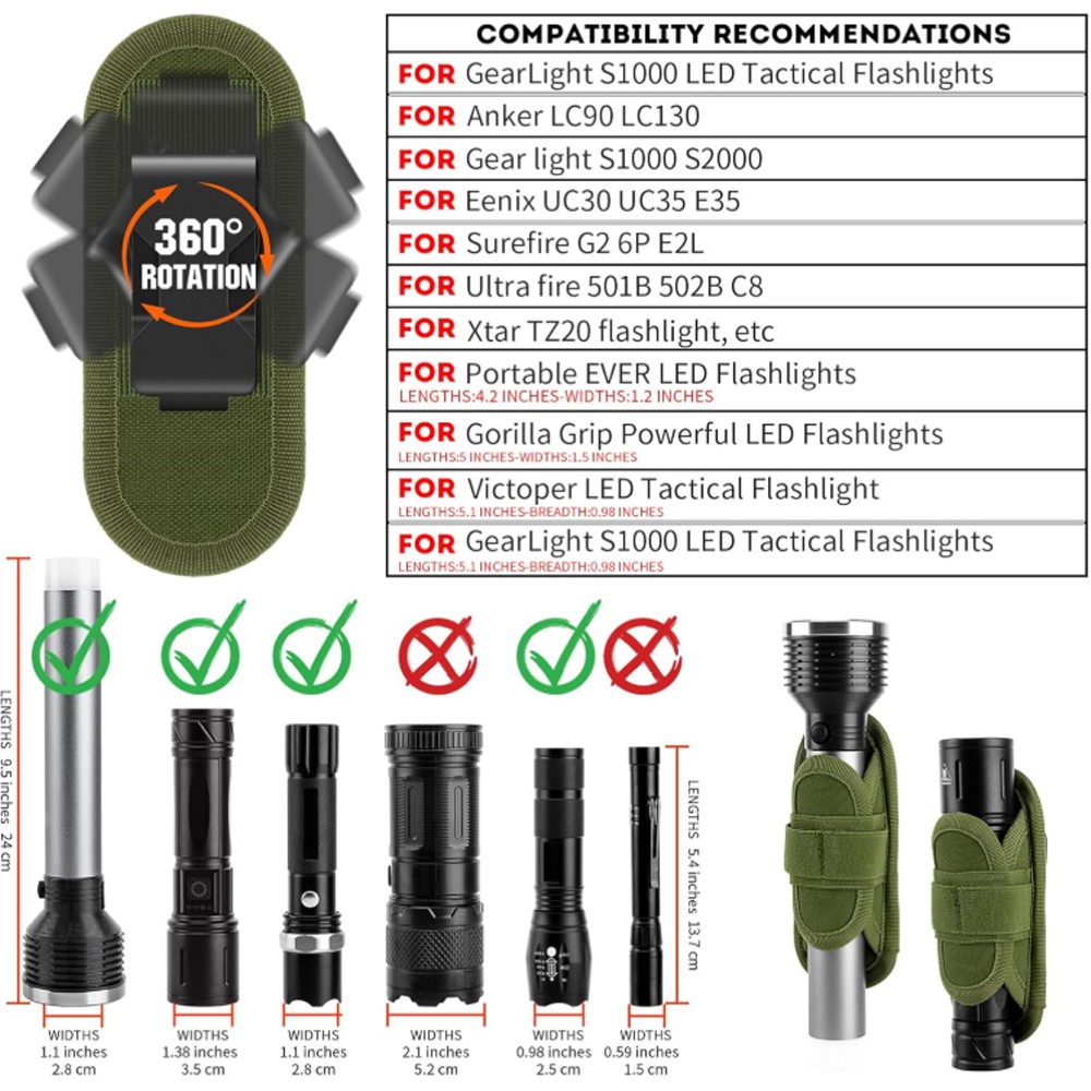 360° Rotatable Green Tactical Flashlight Holster Stretchable Clip Holder Pouches