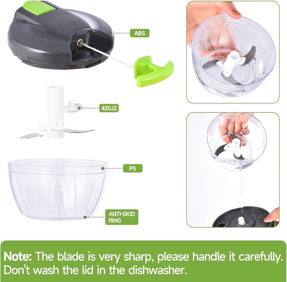 Manual Food Processor, Pull String Vegetable Chopper, 500ml Gray-Green