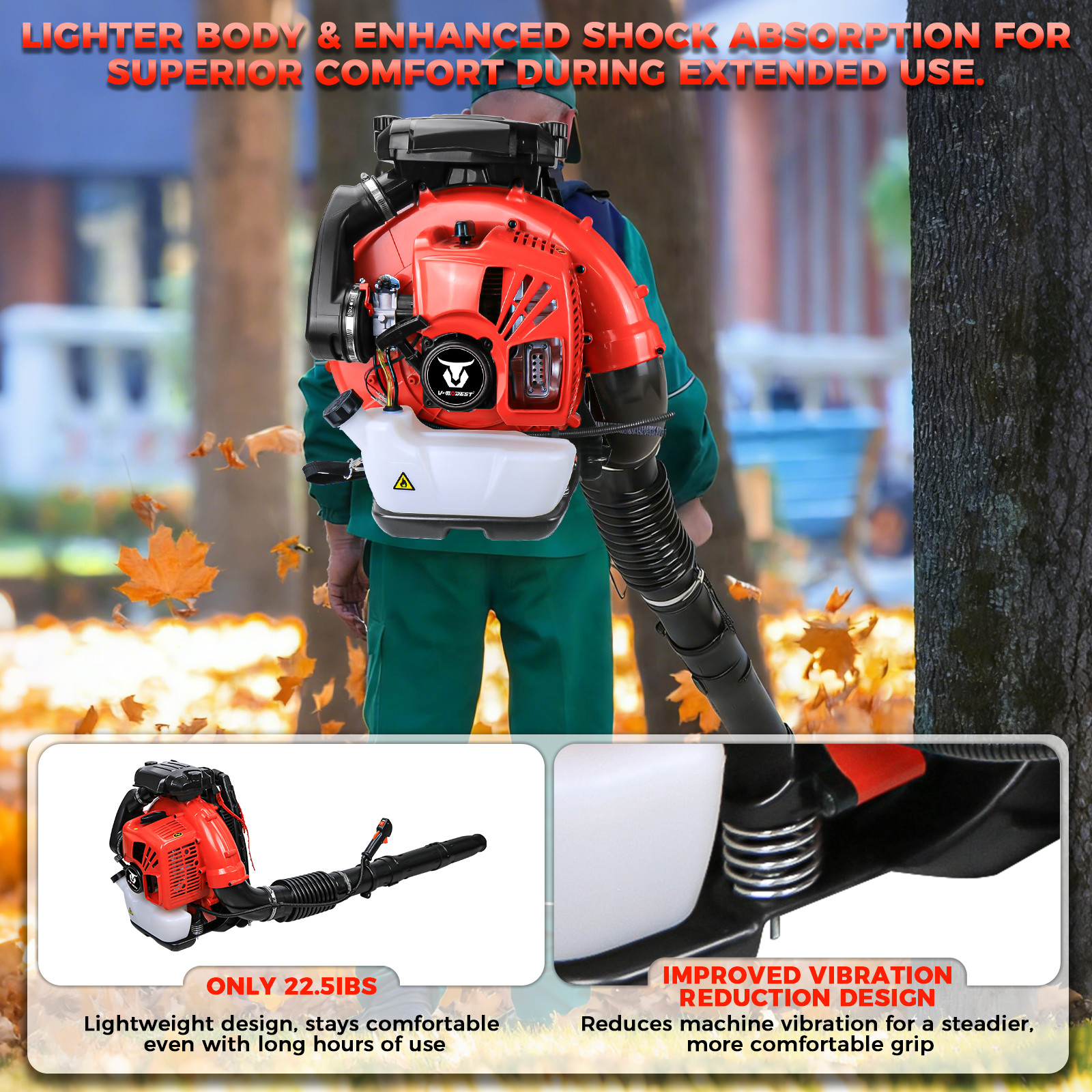 Commercial Backpack Leaf Blower Snow Blowers 75.6CC 2-Stroke Gas Powered 907CFM
