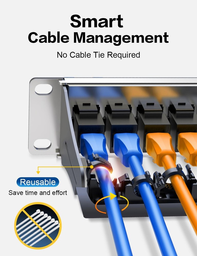 24 Port Patch Panel Cat6A RJ45 Passthrough Unshielded Keystone Patch Panel wi...
