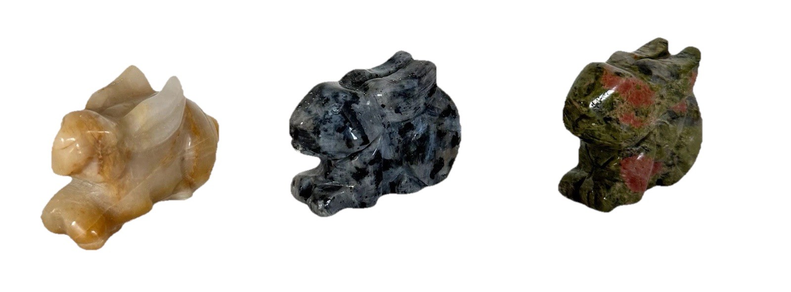 2” Crystal Bunny Rabbits Carvings Calcite, Larvakite, Unikite