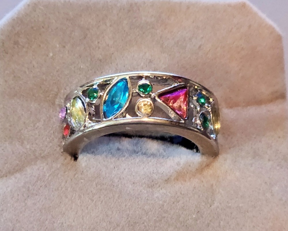 MULTI-COLORED MULTI-STONE SILVER OPEN WORK RING CIGAR BAND SILVER TONE