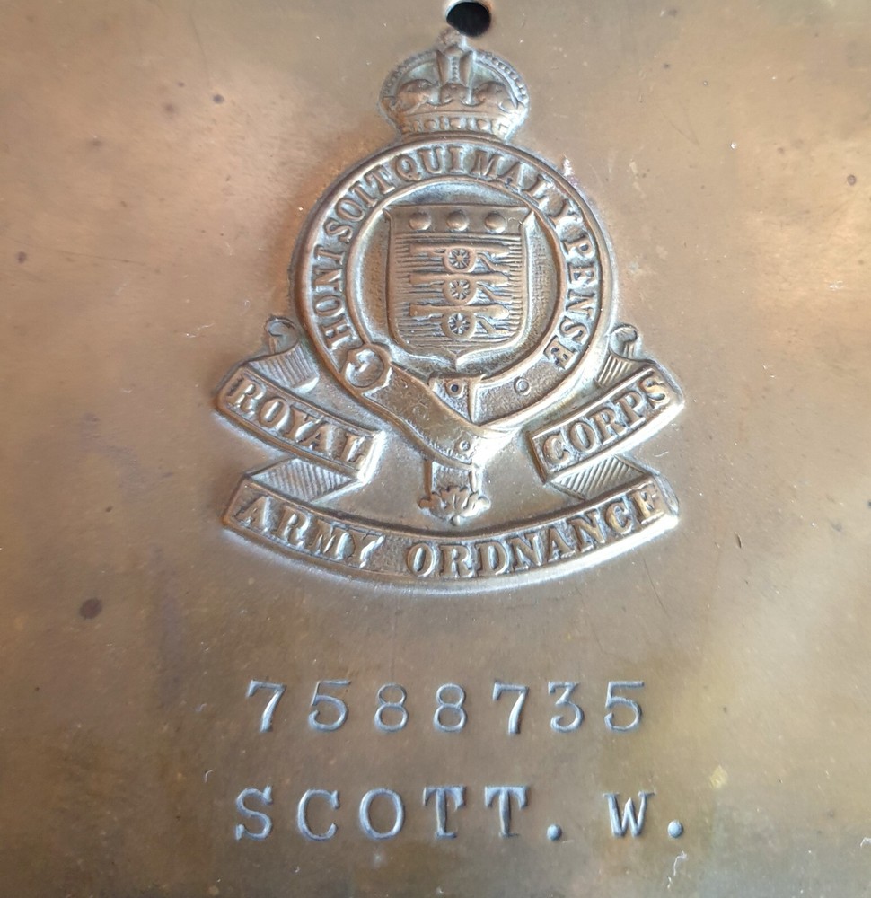 WW2 British Barracks Locker Plate to 7588735 Scott.W Royal Army Ordnance Corps
