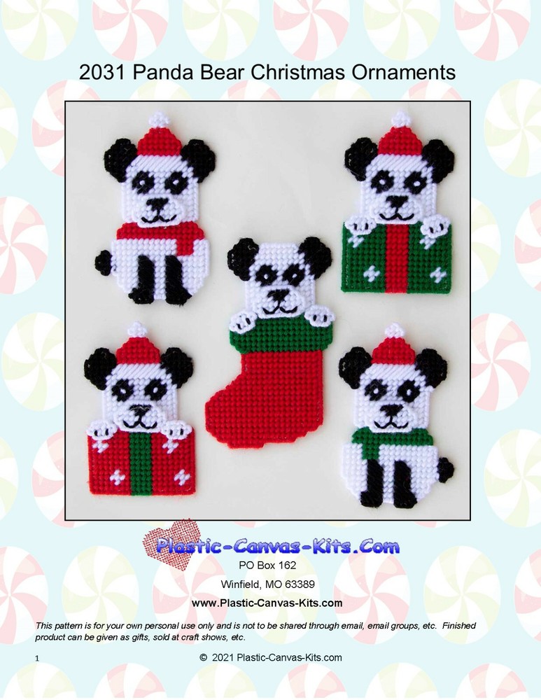Panda Bear Christmas Ornaments- Plastic Canvas Pattern or Kit