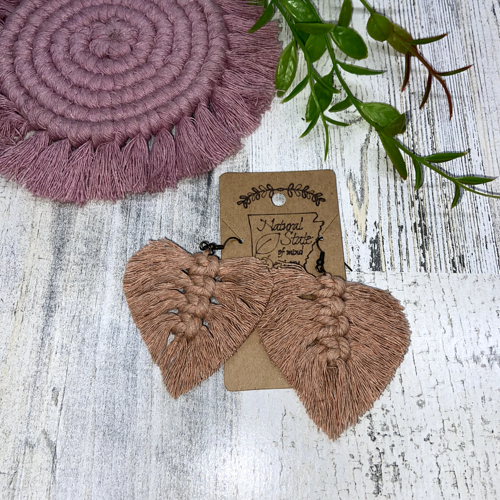 Handmade Boho Macrame Feather Leaf Dangle Earrings Tan