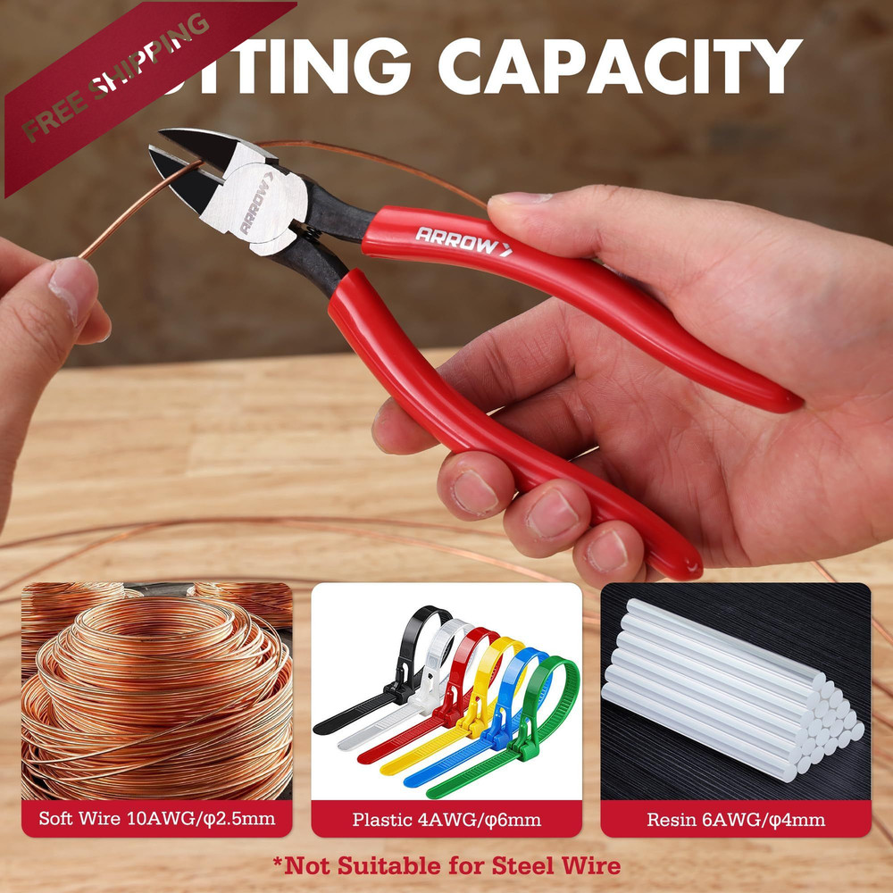 ARROW 7" Precision Wire Cutters - Spring Loaded Side Cutters, 7 Inch, Red
