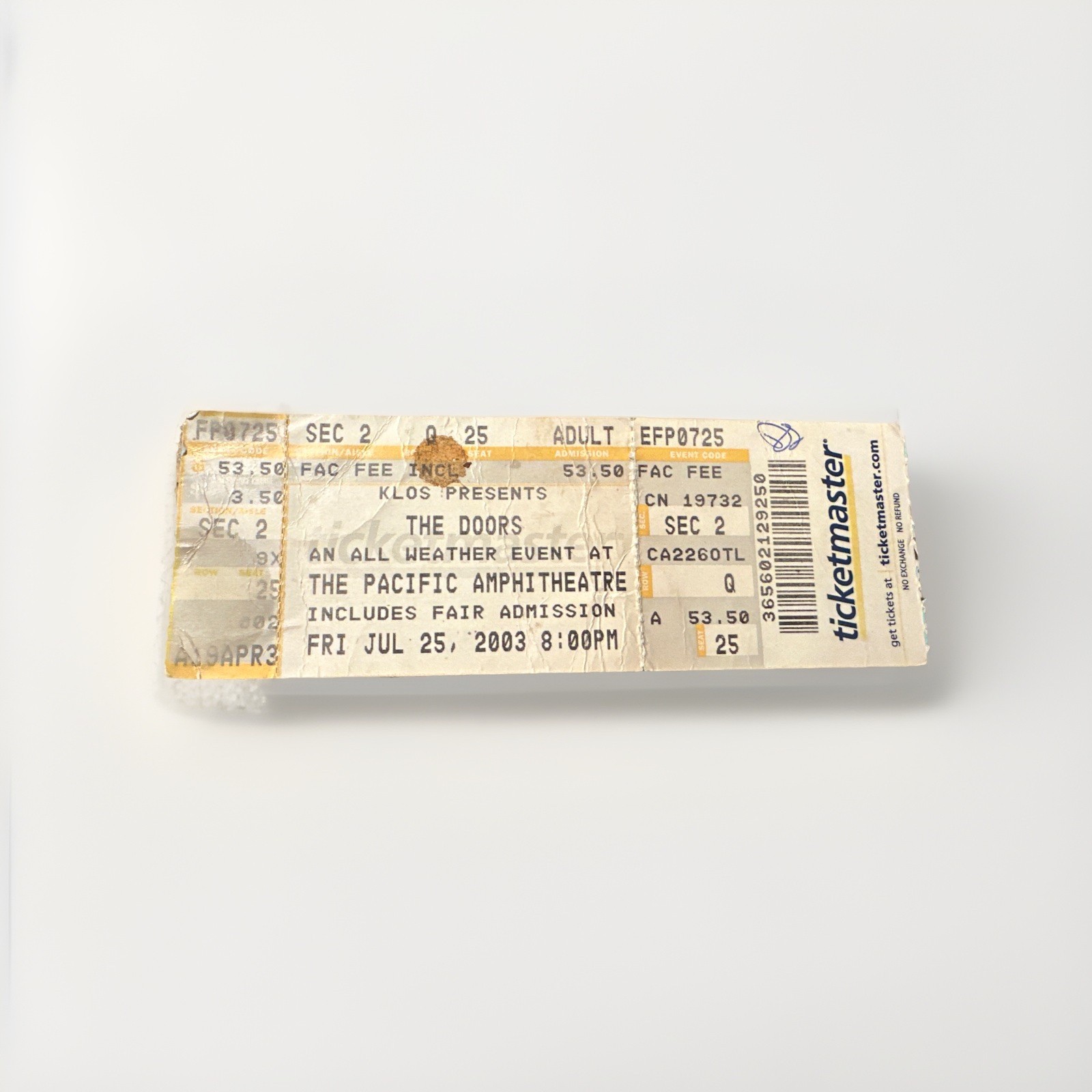 THE DOORS RARE CONCERT TICKET FULL STUB 7-25-2003 Pacific Amphitheatre