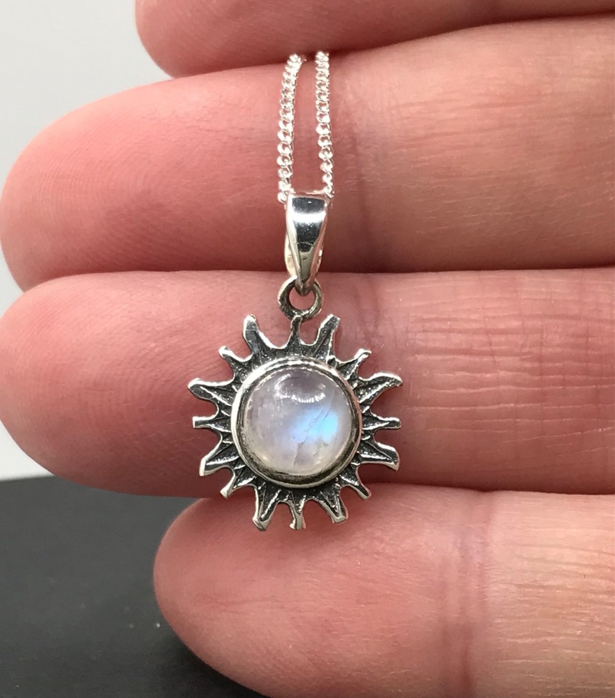 Rainbow moonstone pendant earrings set, solid Sterling silver, sun, gift box.