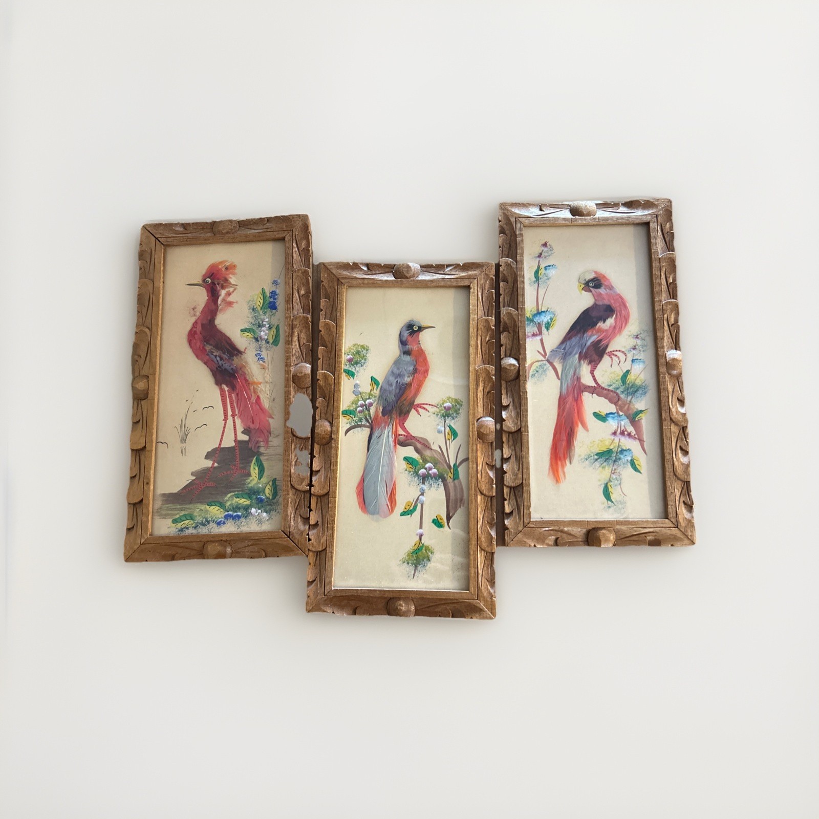 Set 3 VTG Mexican Feathercraft Bird Art Collection Handmade with Real Feathers