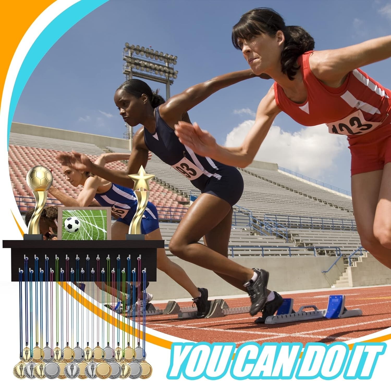 Medal Hanger Display, Non-Slip Trophy Shelf with 25 Hooks, Wall Mount Ribbon Med