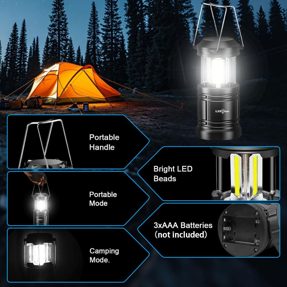 LED Camping Lanterns 2‑Pack – Battery Powered, Collapsible, Adjustable Brightnes