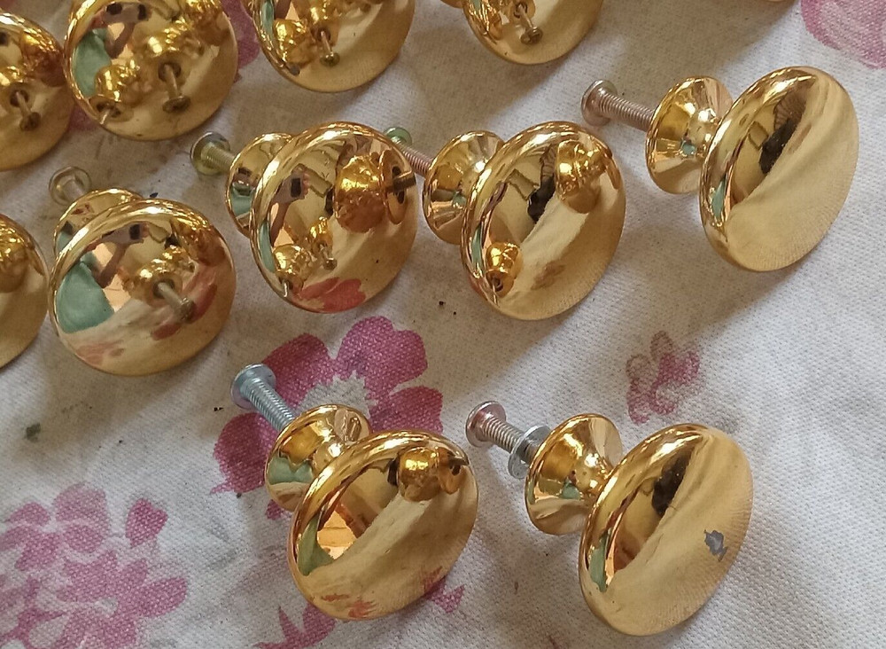 Knobs 29 Gold Tone Metal , 1" Round ~ with some screws Kitchen ~