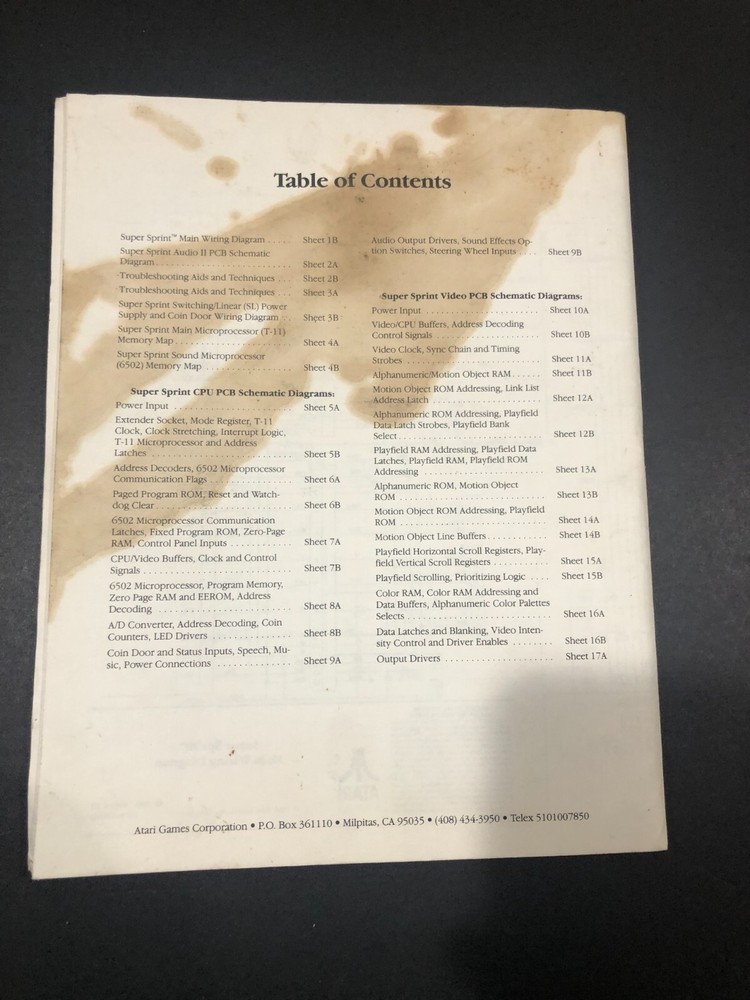 Atari Super Sprint Schematic Package Supplement to Operators Manual