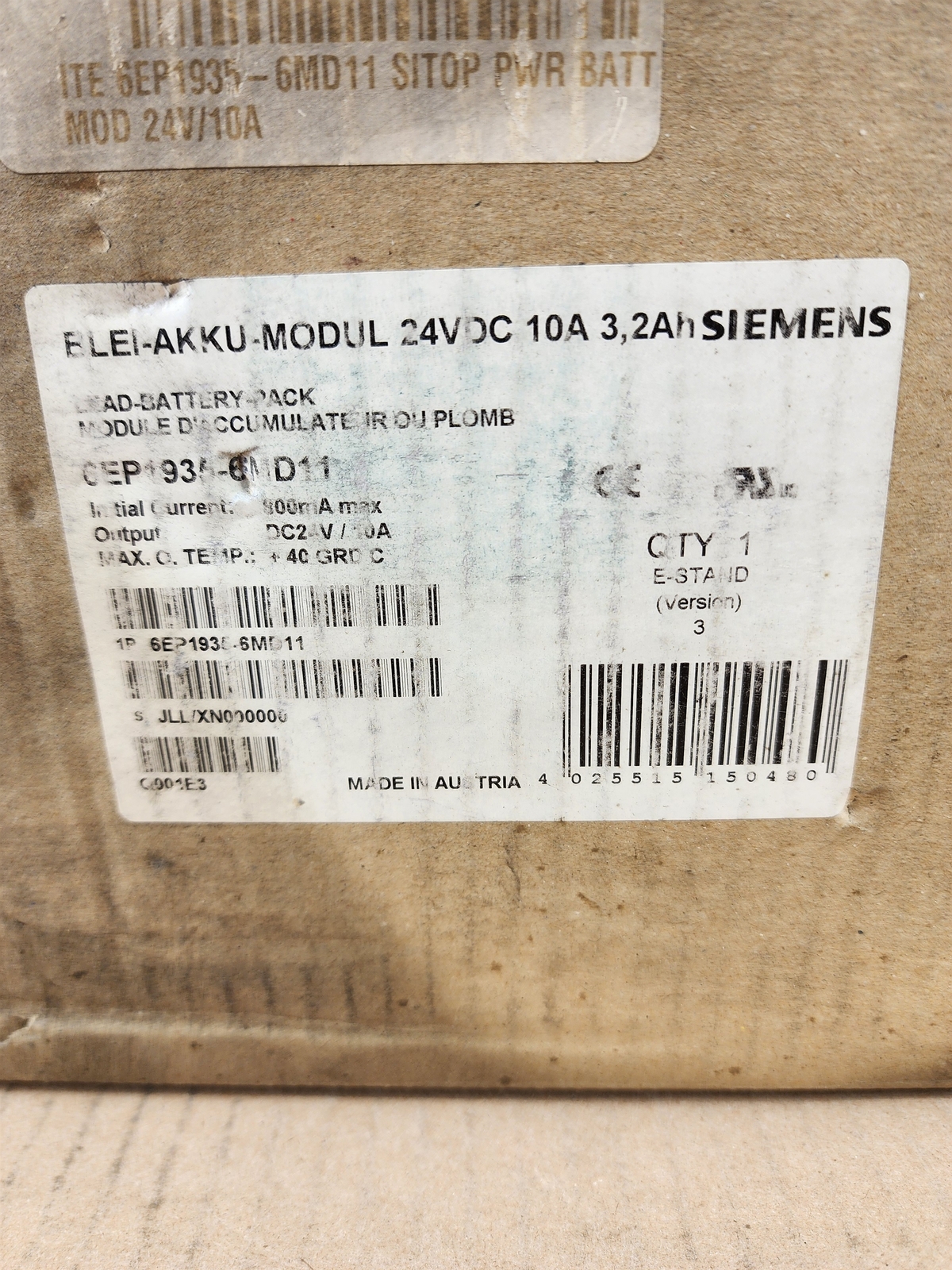 NEW Siemens 6EP1935-6MD11 SITOP Battery Module 24 V/3.2 Ah w/Lead-Acid Batteries