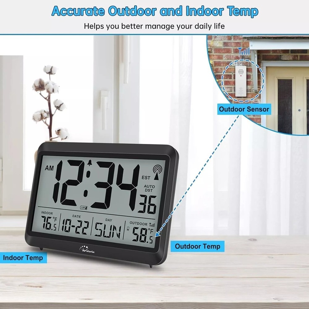 Atomic Clock With Indoor Outdoor Temperature, Self-setting Digital Wall