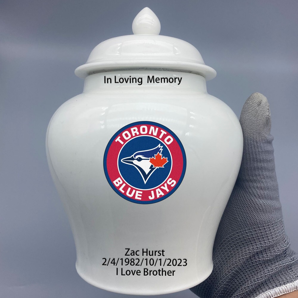 Ceramic Medium Urn for Toronto Blue Jays Baseball Theme, Custom Text