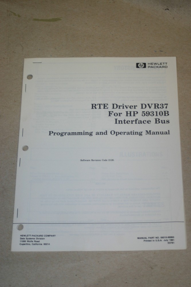 HP RTE Driver DVR37 for HP 59310B Interface Bus Programming & Operataing Manual