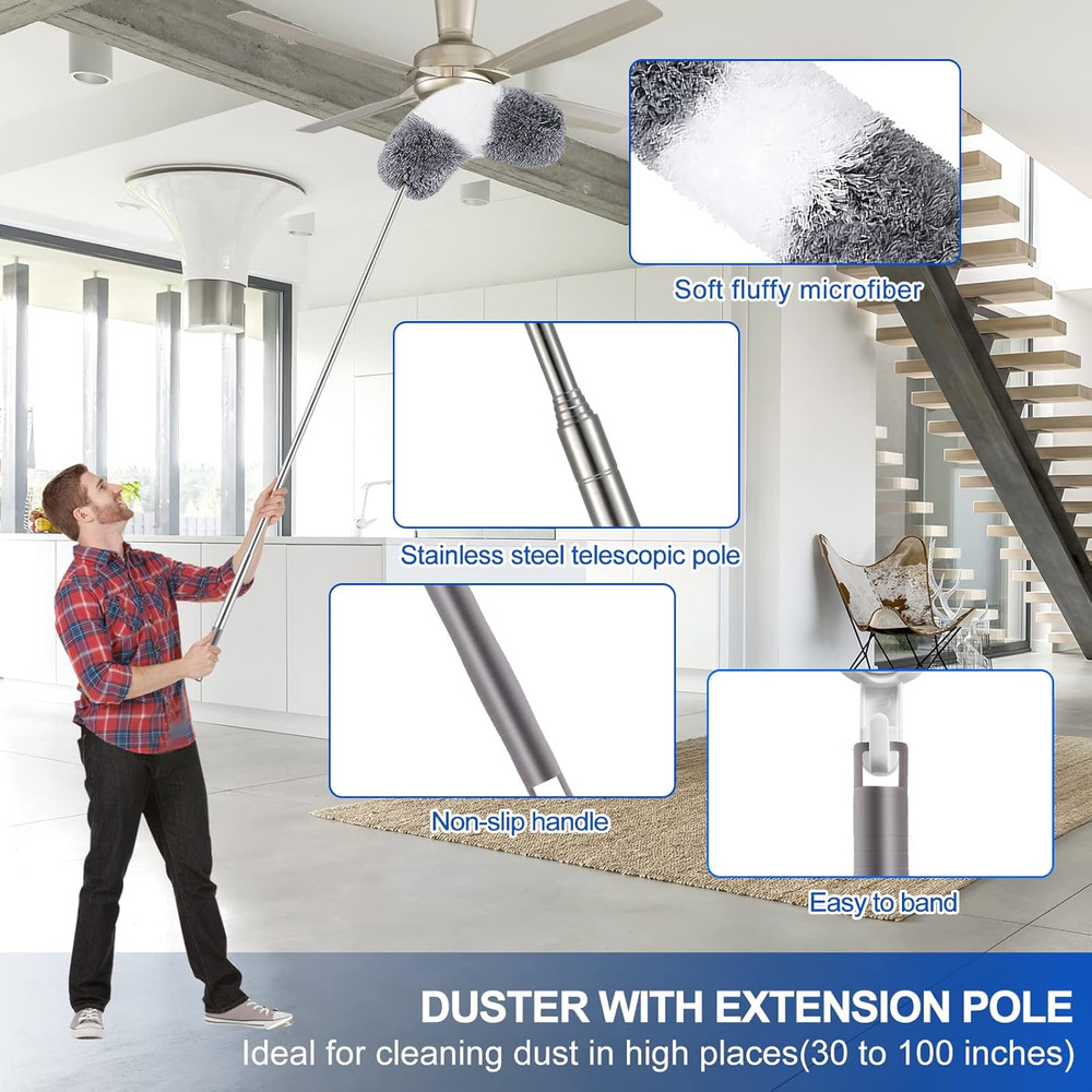 Microfiber Duster Kit (11PCS) - Washable Dusters with Extension Pole (30 to 100