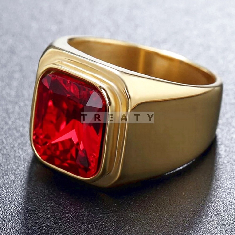 Garnet Emerald Cut With 14K Solid Yellow Gold Ring For Men's #70