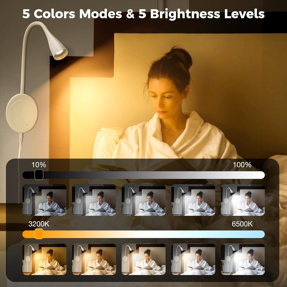 LED Wall Mounted Reading Light, Book Light for Reading in Bed with Touch Control
