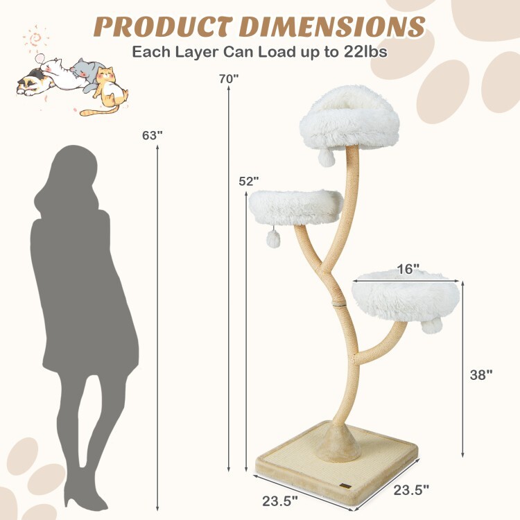 70" Tall Multifunctional Cat Tree Tower Scratching w/3 Perches & Dangling Balls
