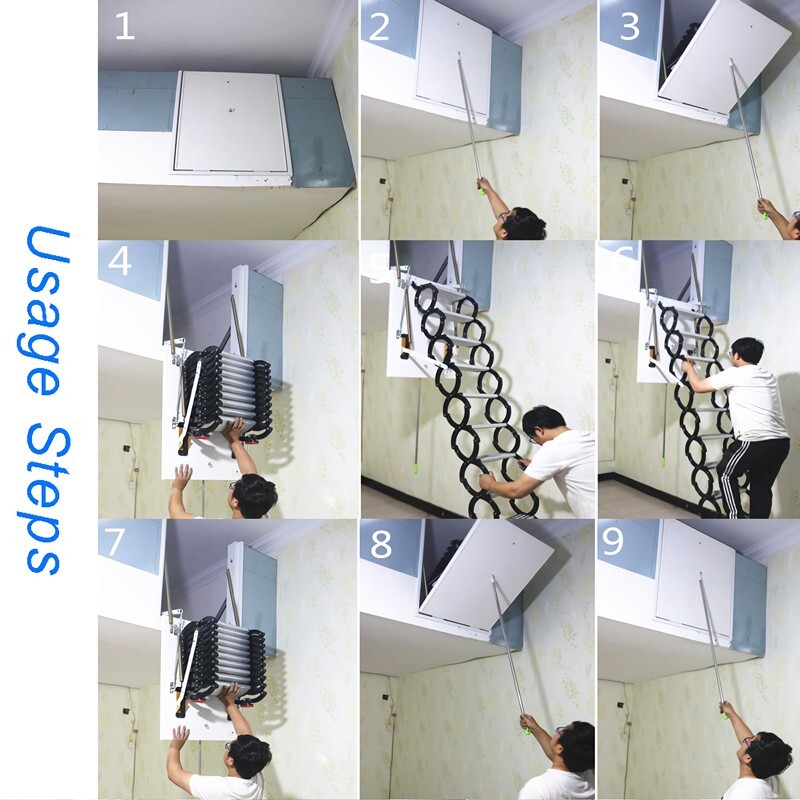 Black Attic Ladder Loft Wall Folding Stairs 9.18ft Side-Mounted Pull Down Ladder