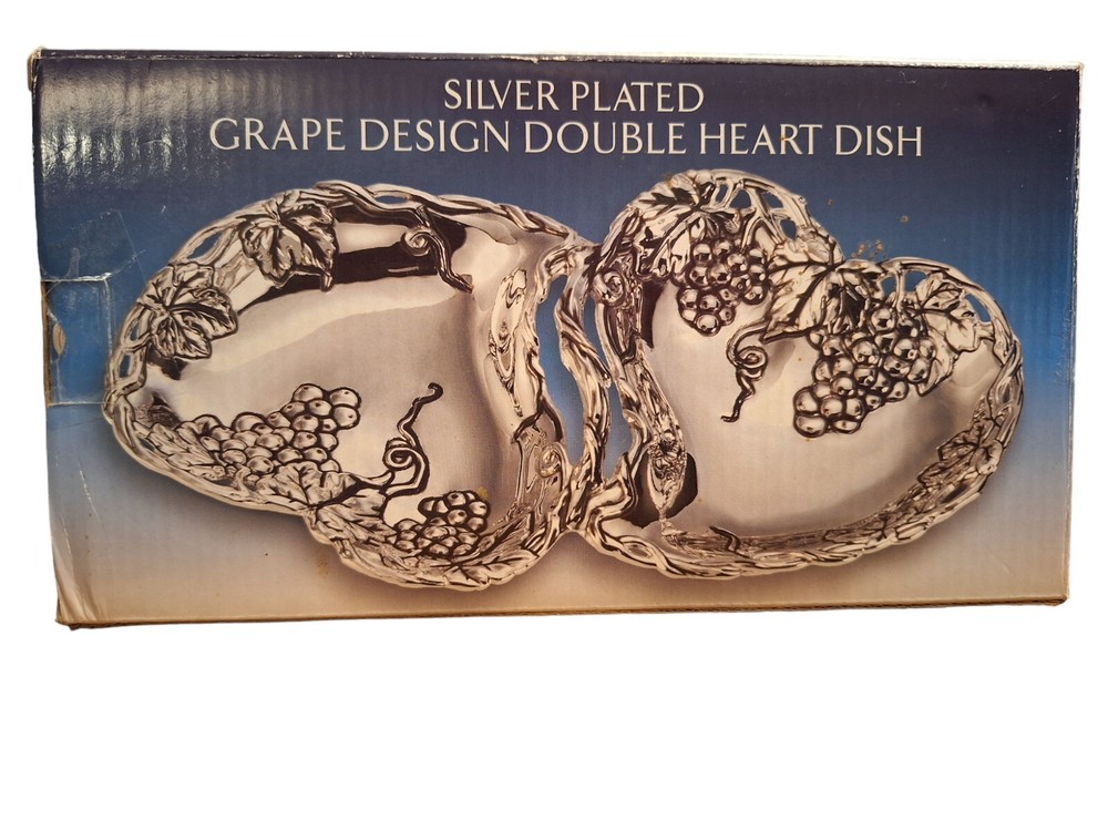 Godinger Silver Plated Double Heart Dish Grape Design Decor Gift