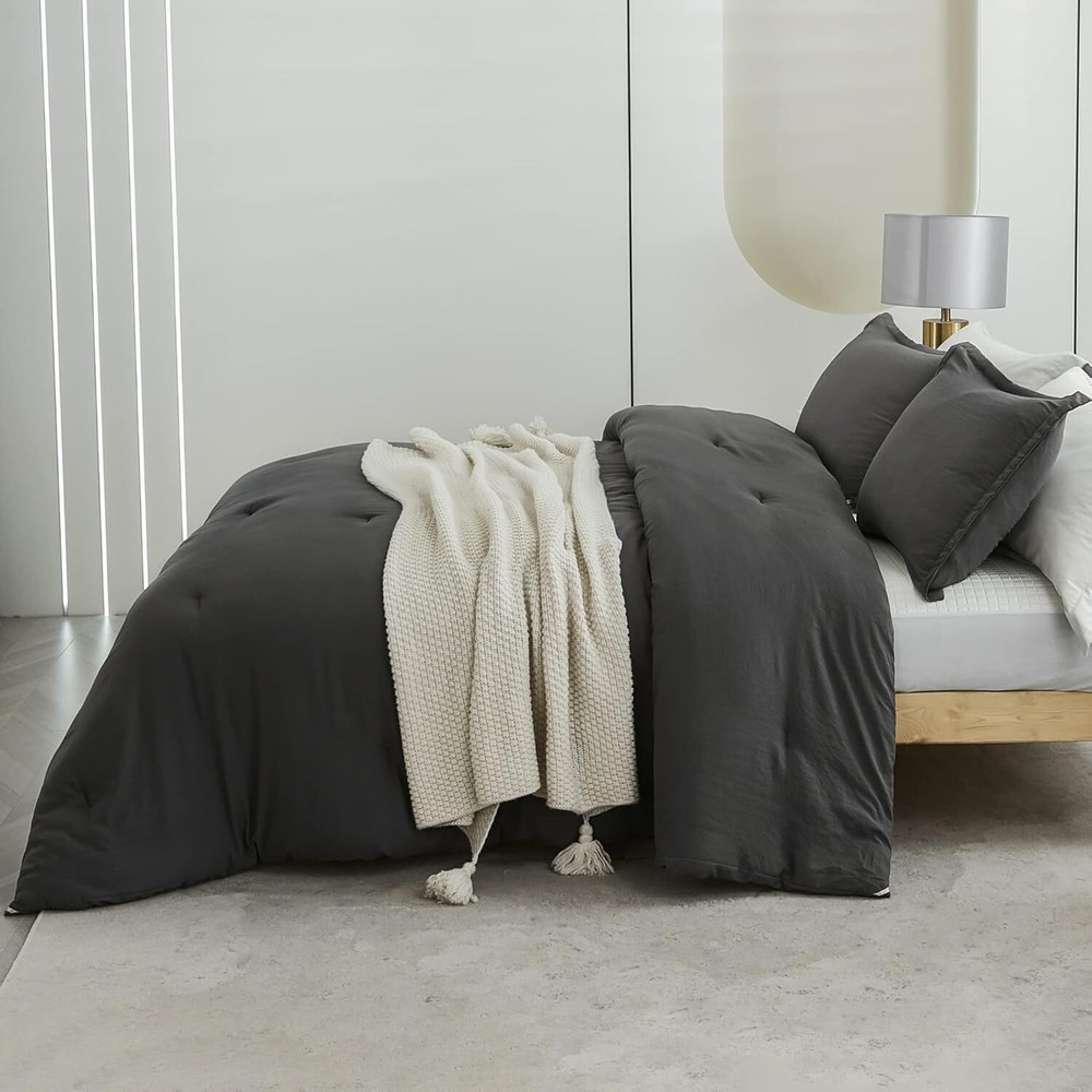 Gray Comforter King Size Set, Lightweight Plain, All Season Fluffy Bedding Set