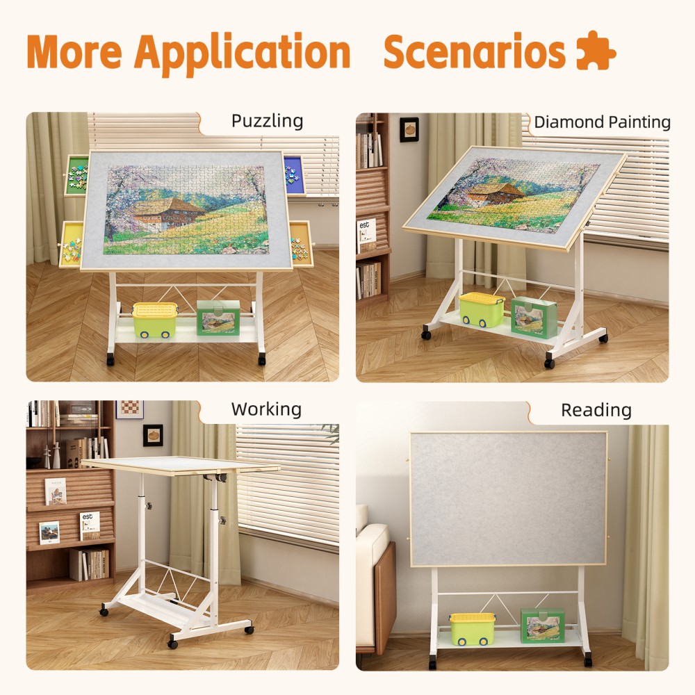 White 1500 Piece Puzzle Table Adjustable Tilting with Drawers & Wheels
