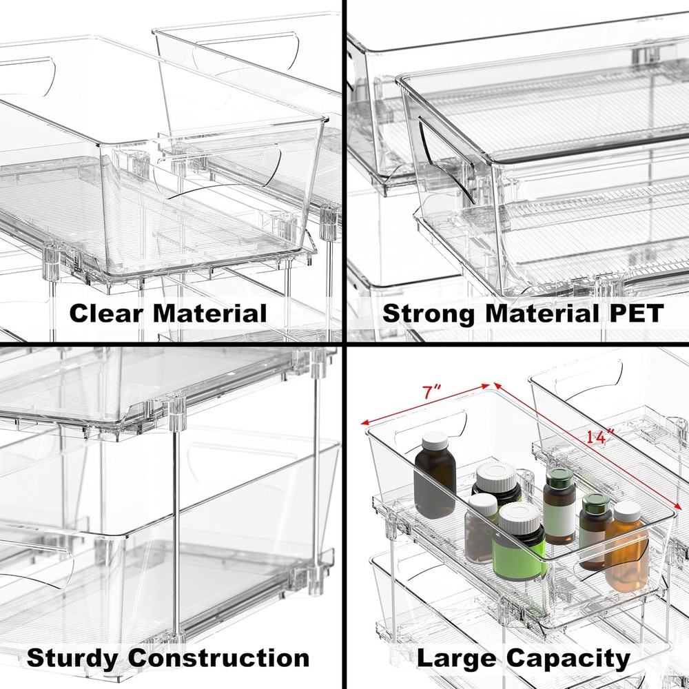 2 Tier Basket Drawer Cabinet Pull-Out Organizer 2 Pack Clear
