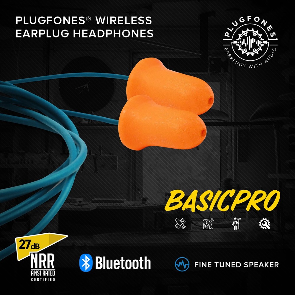 Plugfones Basic Pro Bluetooth Foam Earplug Headphones - 27 dB Blue, Orange