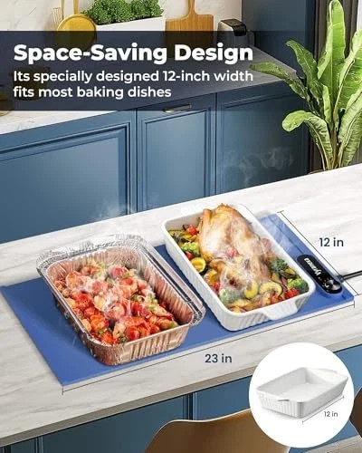 Warming Mat for Food - Space-Saving, Fits Two Baking Dishes, 7 Temp Medium Blue