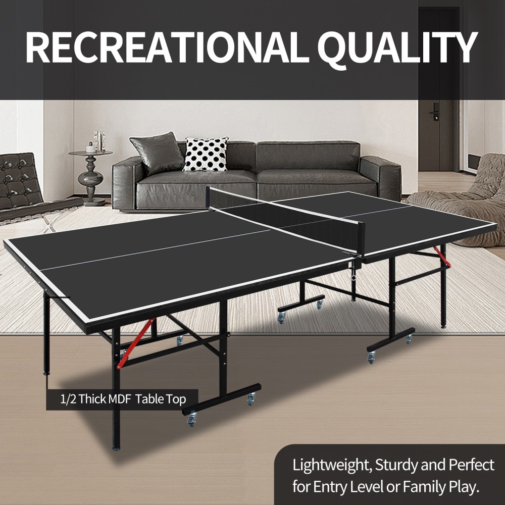 8ft Black Mid-Size Table Tennis Table Foldable & Portable Ping Pong Table Set