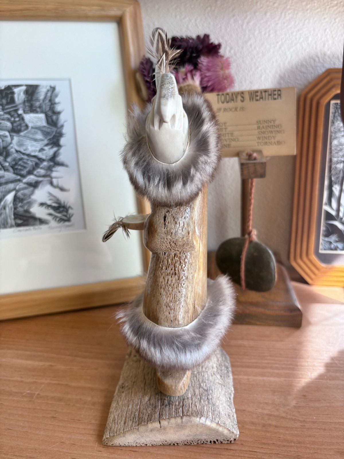 Vukson Signed Handmade Moose Antler?, Fur + Stone Inuit Eskimo Eagle Sculpture