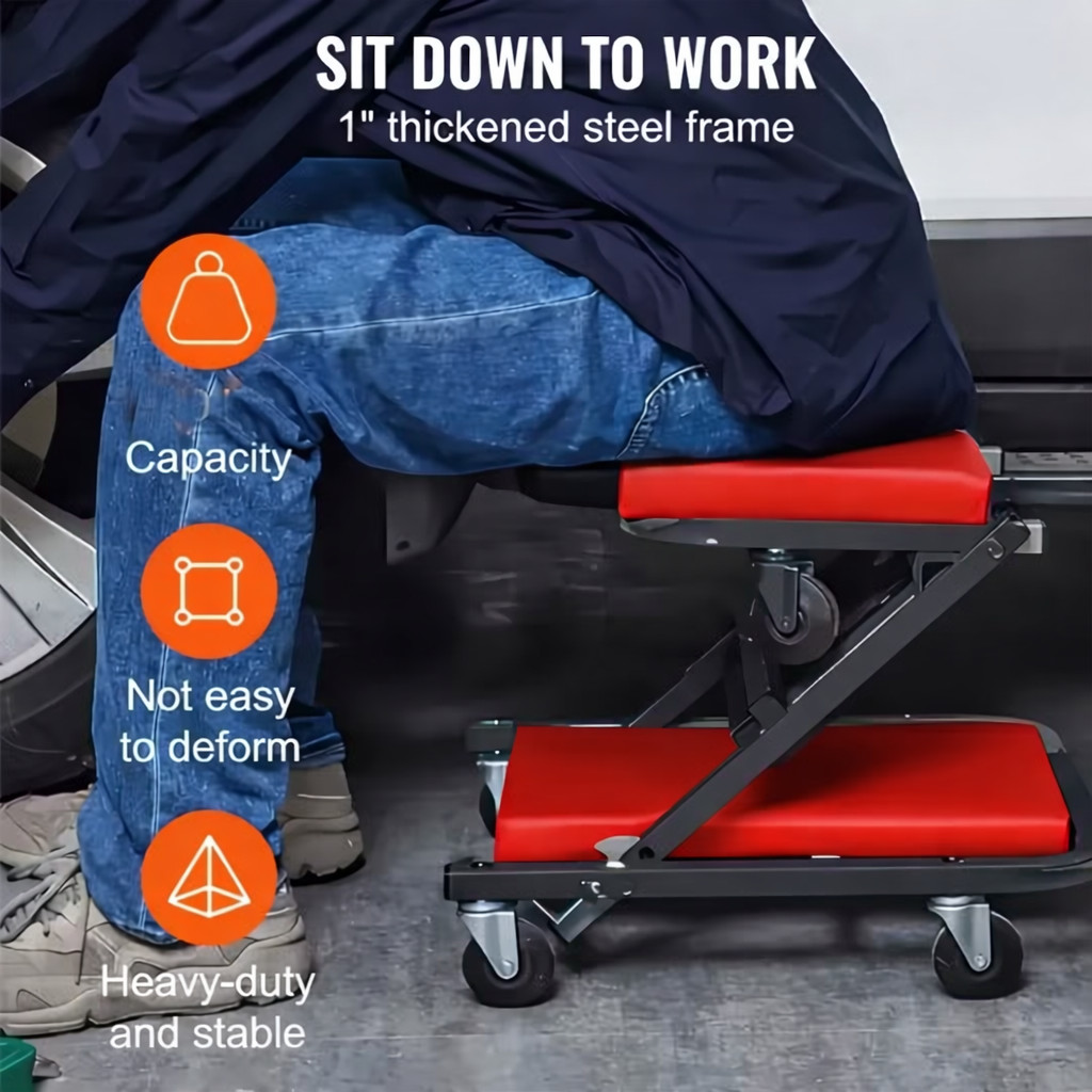 36" Z-Type Mechanic Creeper Seat Foldable 2-in-1 Garage Stool w/6 Wheels Red