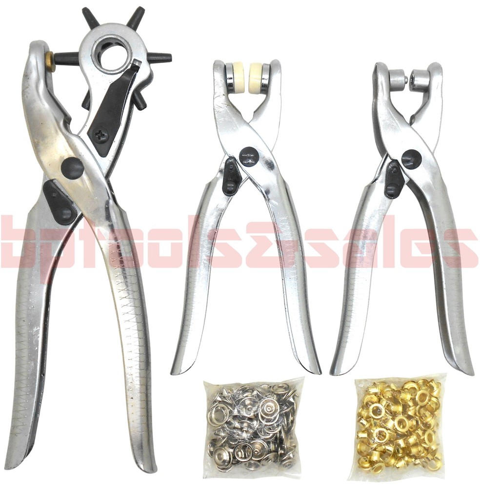 3pc LEATHER HOLE BELT PUNCH + EYELET PLIER + SNAP BUTTON GROMMET SETTER TOOL KIT