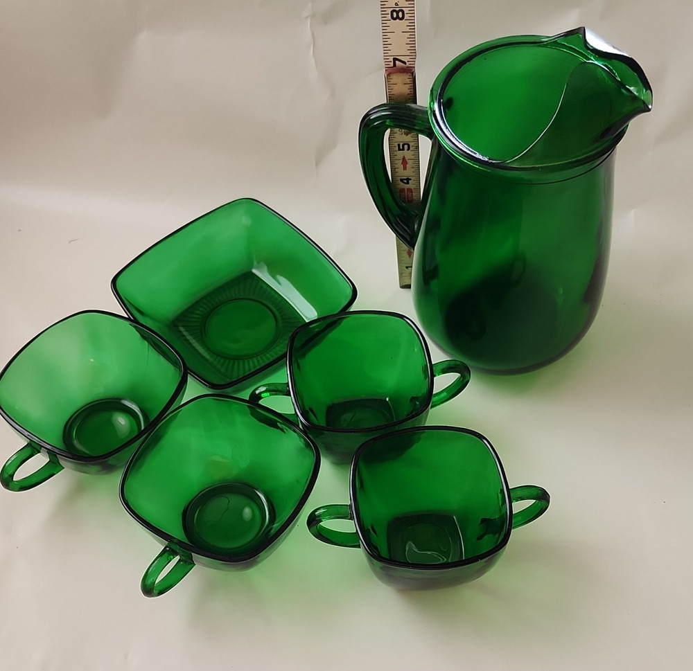 Green Glass Pitcher and Cup Set,