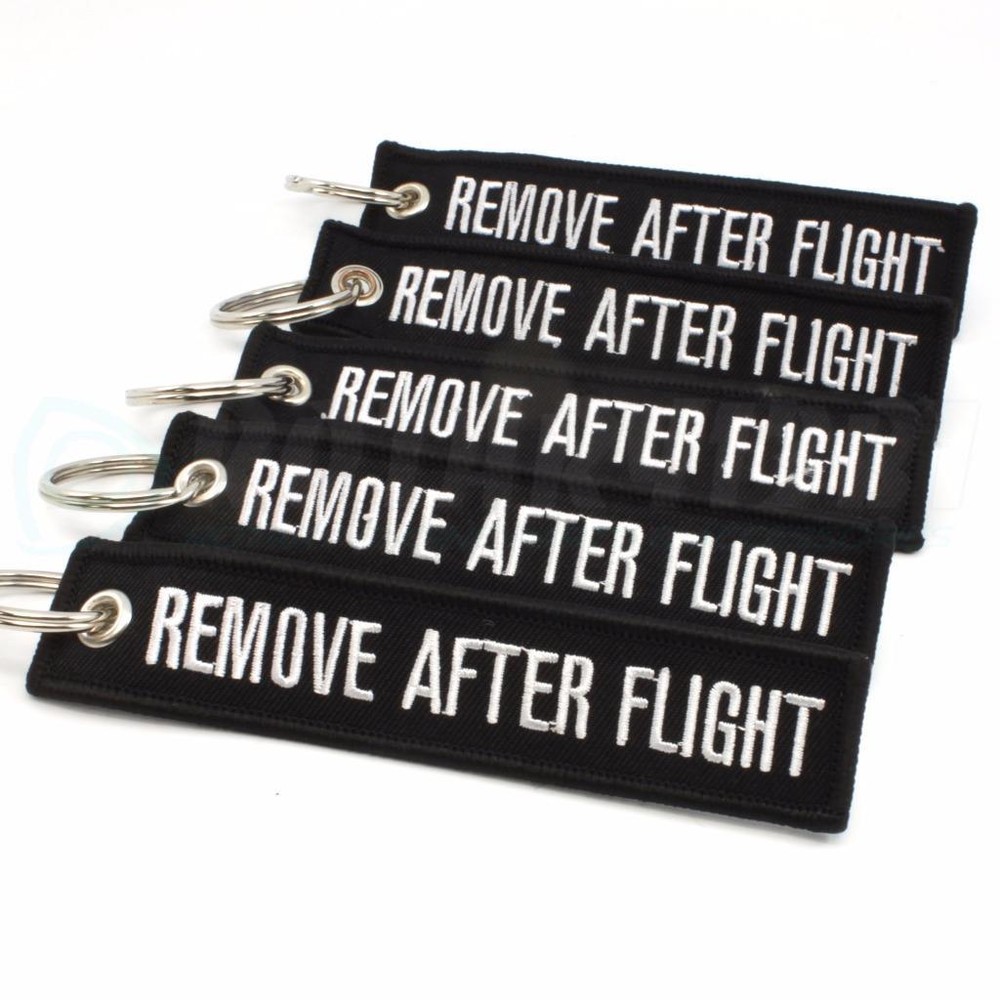 REMOVE AFTER FLIGHT KEYCHAIN QTY= 5 PCS BLACK/white TAGS FLAGS PILOT CREW