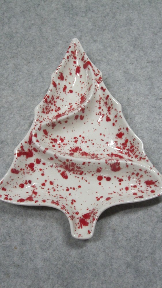 Atlantic Mold Divided Dish Christmas Tree Candy Nut Dish Red/Wh Splatter Paint