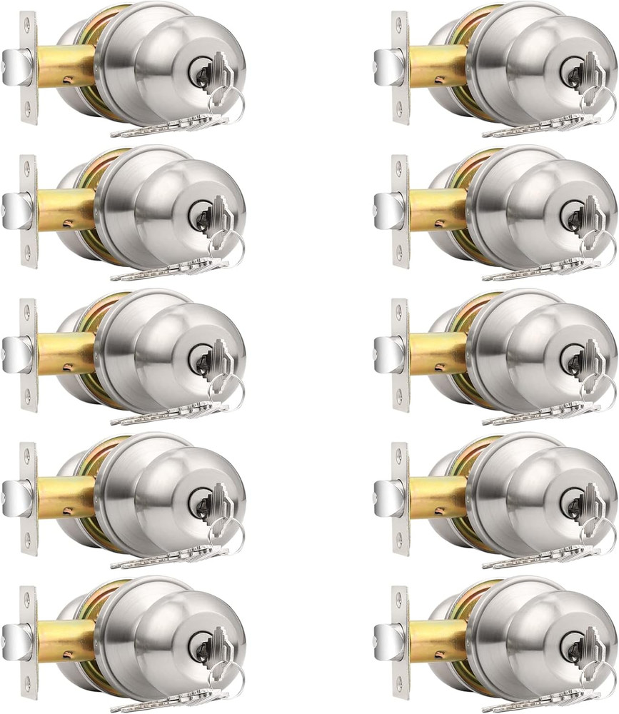 10 Pack Keyed Alike Entry Knobs with Keys, Brushed Nickel Ball Door Knobs Entran