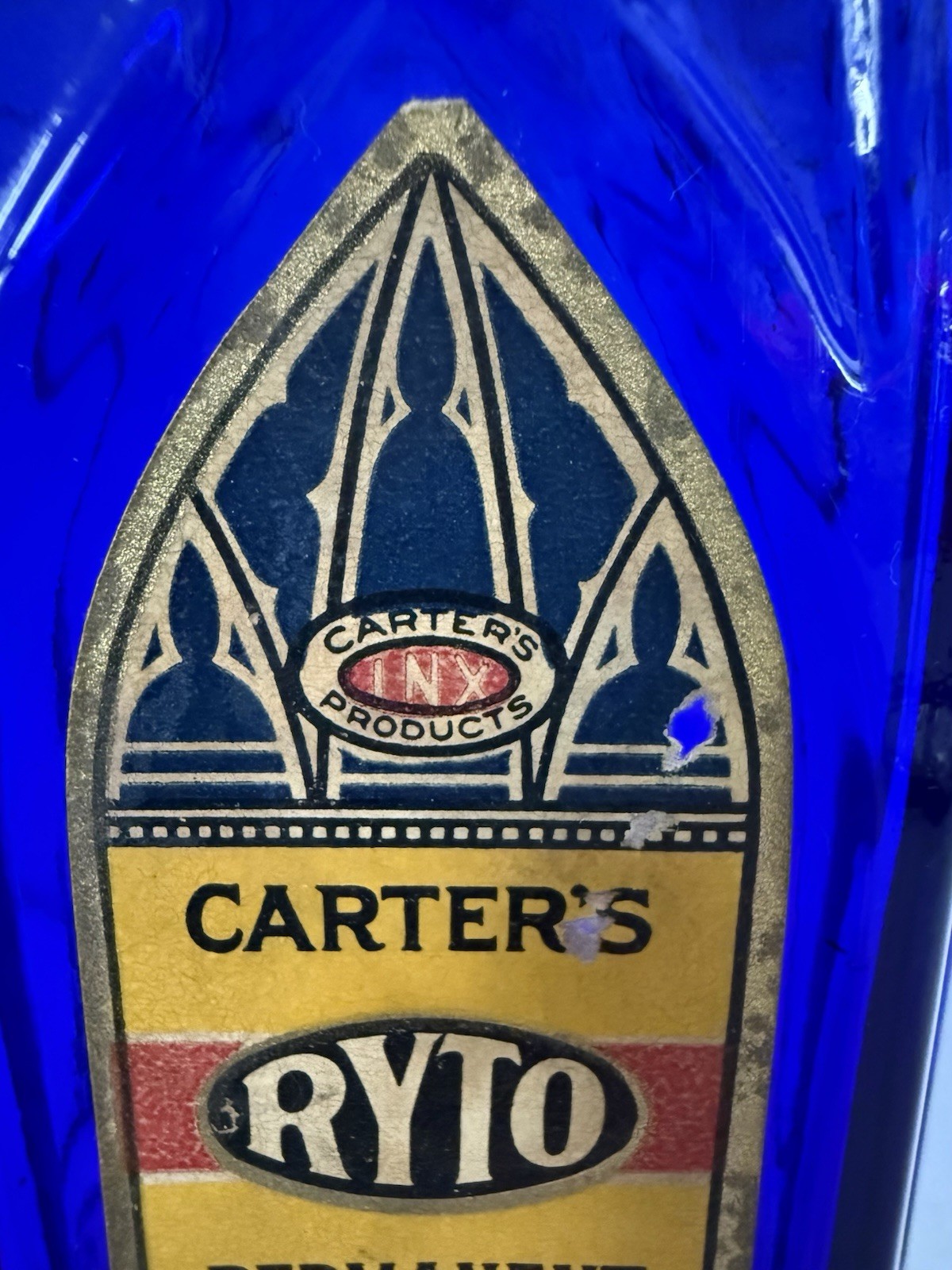 Vintage Cathedral Style Blue Glass Carter's Ink Bottle/Jar with label & Stopper