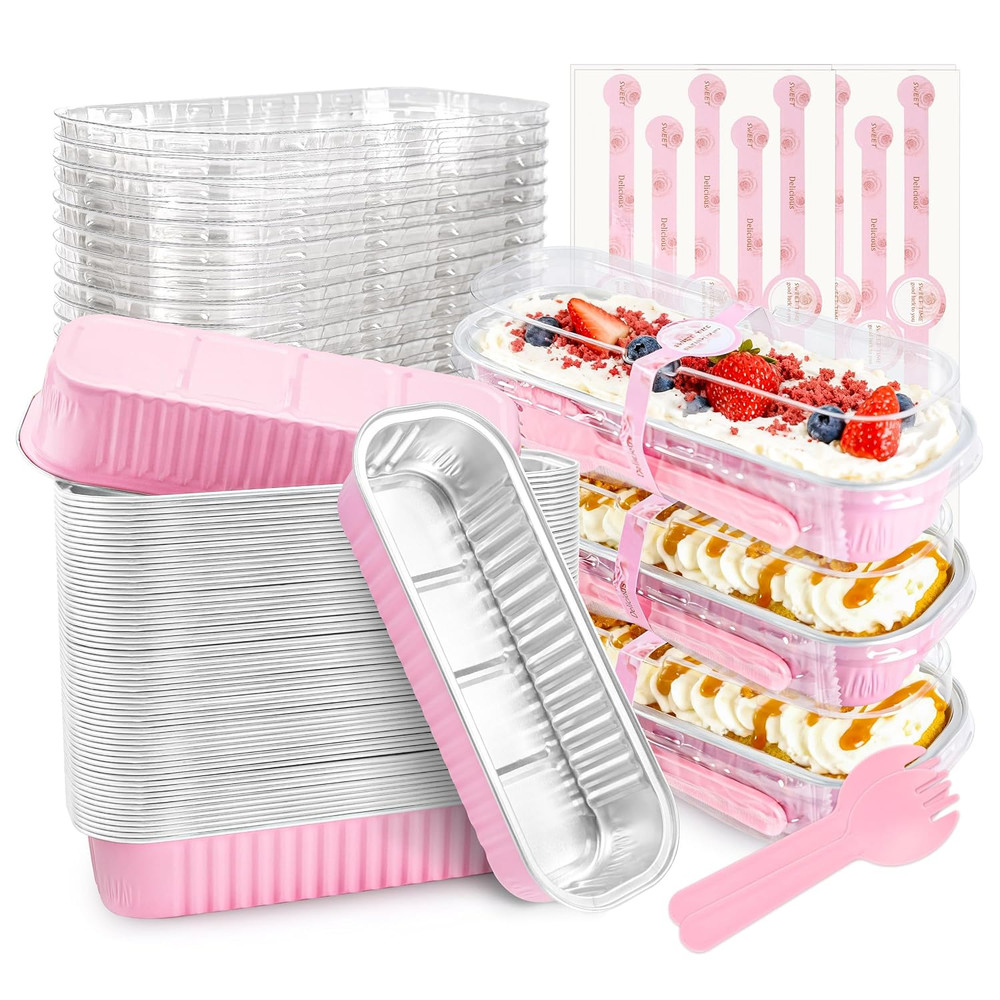 50 PACK Mini Cake Pans with Lids and Spoons,Rectangular Aluminum Foil Bread Pan,